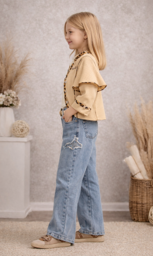 Mädchen Set 3-teilig Moderne Jacke, Oberteil und Jeans 3506 - Beige