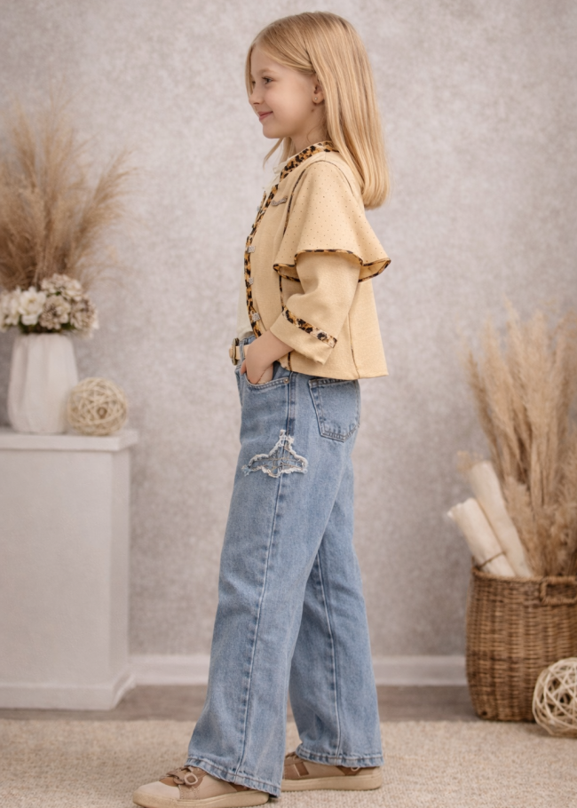 3506 طقم بناتي3قطع مع بنطرون - بيج