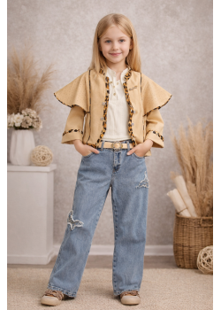 طقم بناتي ثلاث قطع جاكيت عصري وبلوزة وبنطلون جينز 3506 - بيج