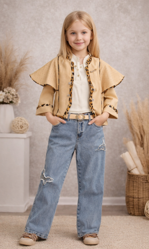 طقم بناتي ثلاث قطع جاكيت عصري وبلوزة وبنطلون جينز 3506 - بيج