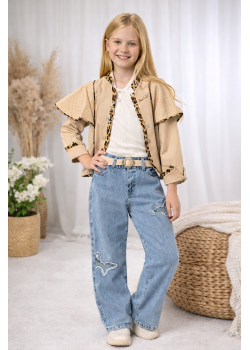 طقم بناتي ثلاث قطع جاكيت عصري وبلوزة وبنطلون جينز 3506 - سكري