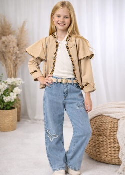 طقم بناتي ثلاث قطع جاكيت عصري وبلوزة وبنطلون جينز 3506 - سكري