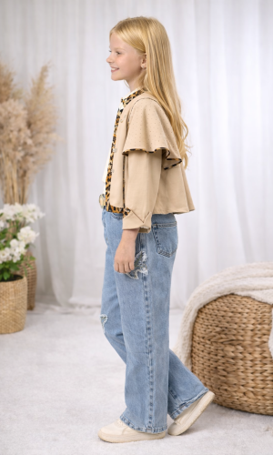 طقم بناتي ثلاث قطع جاكيت عصري وبلوزة وبنطلون جينز 3506 - سكري