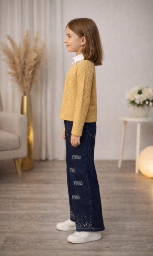 Girls 3-Piece Set Wool Sweater, Shirt, and Wide-Leg Pants 3508  - ivory