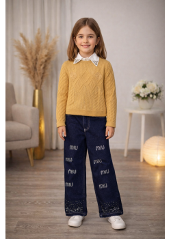 طقم بناتي ثلاث قطع بلوزة صوف وقميص وبنطلون عريض 3508  - شوكو