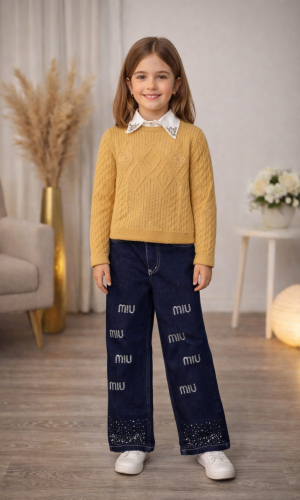 Girls 3-Piece Set Wool Sweater, Shirt, and Wide-Leg Pants 3508  - ivory