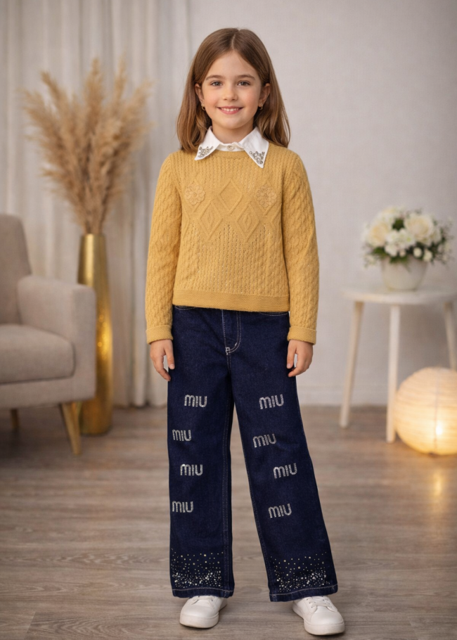 3508 طقم بناتي تريكو وردة  - شوكو