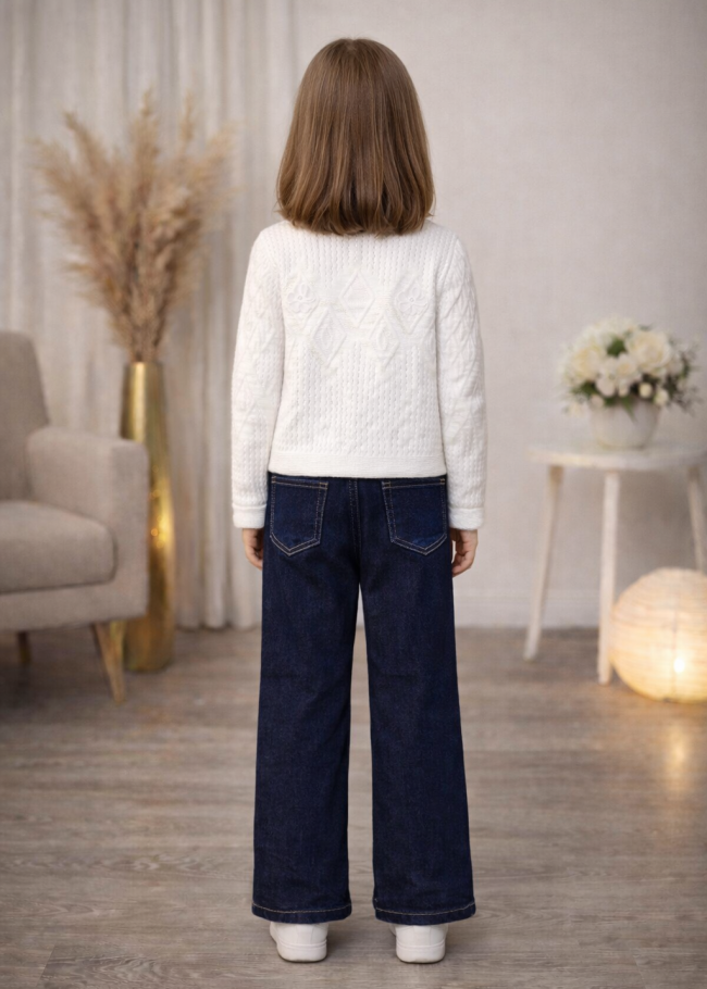 3508 طقم بناتي تريكو وردة  - ابيض