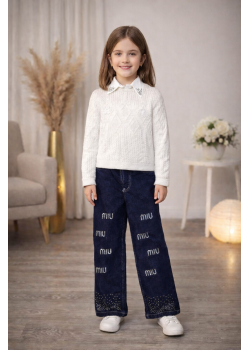 طقم بناتي ثلاث قطع بلوزة صوف وقميص وبنطلون عريض 3508  - ابيض