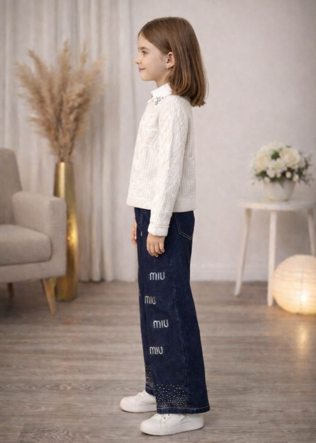 3508 طقم بناتي تريكو وردة  - ابيض