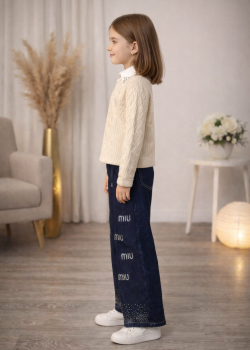 طقم بناتي ثلاث قطع بلوزة صوف وقميص وبنطلون عريض 3508  - بيج