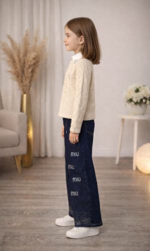 طقم بناتي ثلاث قطع بلوزة صوف وقميص وبنطلون عريض 3508  - بيج