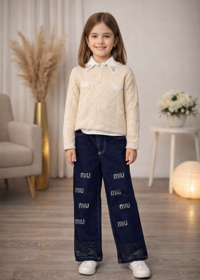 3508 طقم بناتي تريكو وردة  - بيج