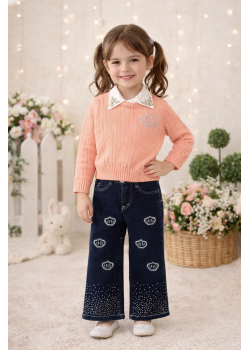 طقم بناتي ثلاث قطع بلوزة صوف وقميص وبنطلون عريض 3510 - زهر