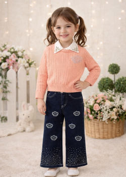 طقم بناتي ثلاث قطع بلوزة صوف وقميص وبنطلون عريض 3510 - زهر