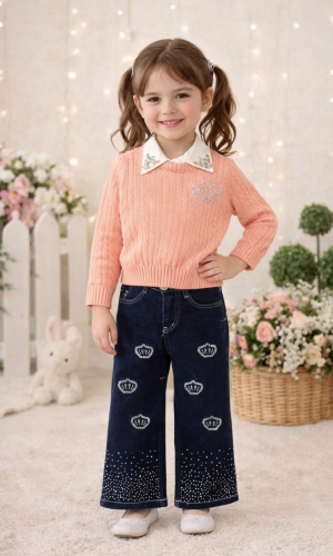 Mädchen Set 3-teilig Wollpullover, Hemd und Weite Hose 3510 - Rosa