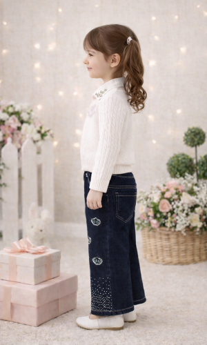 Mädchen Set 3-teilig Wollpullover, Hemd und Weite Hose 3510 - Weiß