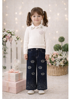 طقم بناتي ثلاث قطع بلوزة صوف وقميص وبنطلون عريض 3510 - ابيض