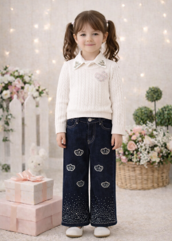 طقم بناتي ثلاث قطع بلوزة صوف وقميص وبنطلون عريض 3510 - ابيض