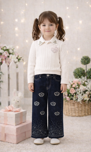 Mädchen Set 3-teilig Wollpullover, Hemd und Weite Hose 3510 - Weiß