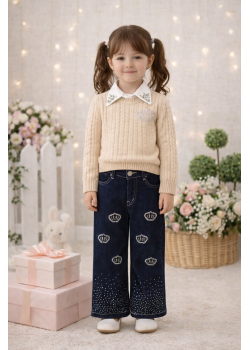 طقم بناتي ثلاث قطع بلوزة صوف وقميص وبنطلون عريض 3510 - بيج