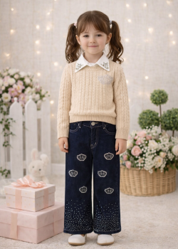 طقم بناتي ثلاث قطع بلوزة صوف وقميص وبنطلون عريض 3510 - بيج