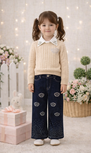 Girls 3-Piece Set Wool Sweater, Shirt, and Wide-Leg Pants 3510 - beige