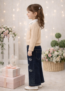 طقم بناتي ثلاث قطع بلوزة صوف وقميص وبنطلون عريض 3510 - بيج