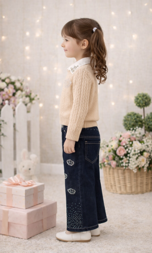 Girls 3-Piece Set Wool Sweater, Shirt, and Wide-Leg Pants 3510 - beige