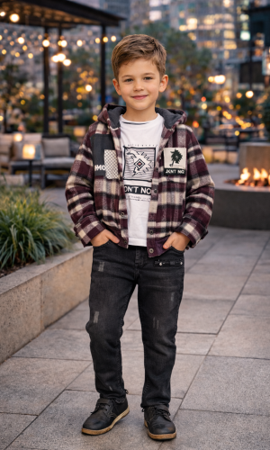 طقم ولادي شتوي 3 قطع قميص جوخ وبنطال جينز 3512 - خمري