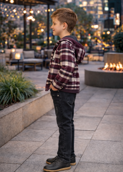 طقم ولادي شتوي 3 قطع قميص جوخ وبنطال جينز 3512 - خمري