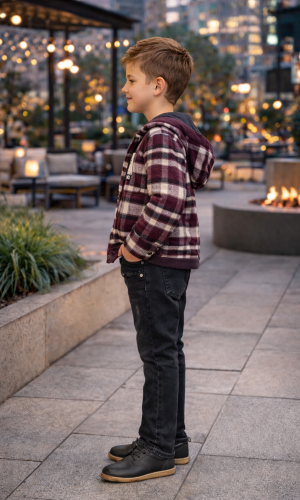 طقم ولادي شتوي 3 قطع قميص جوخ وبنطال جينز 3512 - خمري