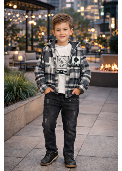 طقم ولادي شتوي 3 قطع قميص جوخ وبنطال جينز 3512 - اسود