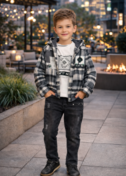 طقم ولادي شتوي 3 قطع قميص جوخ وبنطال جينز 3512 - اسود