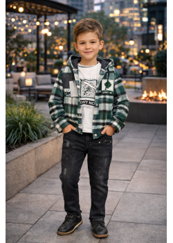 طقم ولادي شتوي 3 قطع قميص جوخ وبنطال جينز 3512 - زيتي