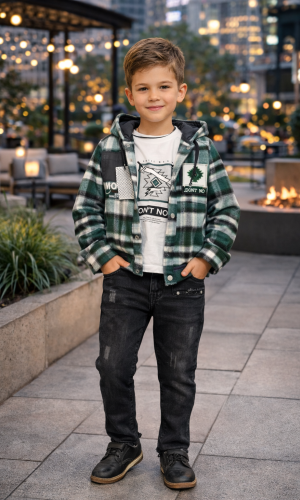 طقم ولادي شتوي 3 قطع قميص جوخ وبنطال جينز 3512 - زيتي