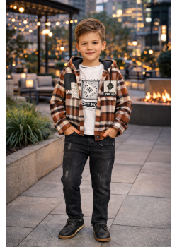 طقم ولادي شتوي 3 قطع قميص جوخ وبنطال جينز 3512 - بني