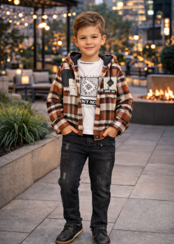 طقم ولادي شتوي 3 قطع قميص جوخ وبنطال جينز 3512 - بني