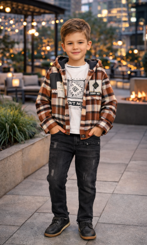 طقم ولادي شتوي 3 قطع قميص جوخ وبنطال جينز 3512 - بني