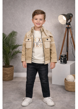 طقم ولادي كاجوال 3 قطع مع جاكيت عصري 3513  - بيج