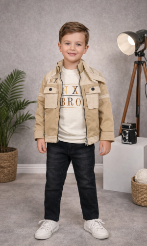 طقم ولادي كاجوال 3 قطع مع جاكيت عصري 3513  - بيج