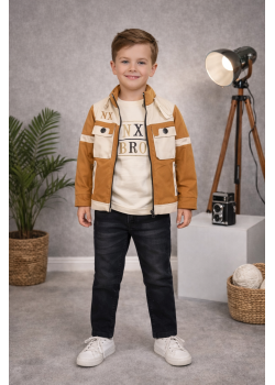 طقم ولادي كاجوال 3 قطع مع جاكيت عصري 3513  - عسلي