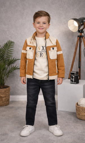 طقم ولادي كاجوال 3 قطع مع جاكيت عصري 3513  - عسلي