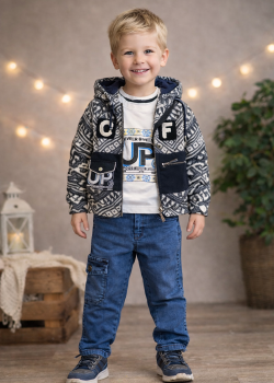 طقم صبياني ثلاث قطع جاكيت جوخ وبنطال كارجو 3515 - كحلي