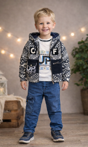 Jungen 3-teiliges Set Wolljacke und Cargohose 3515 - Dunkelblau