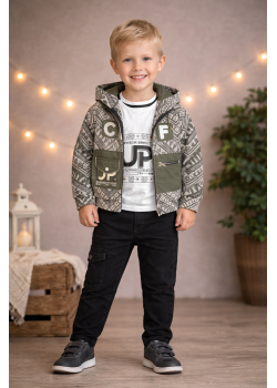 طقم صبياني ثلاث قطع جاكيت جوخ وبنطال كارجو 3515 - زيتي