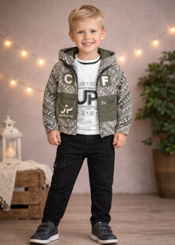 طقم صبياني ثلاث قطع جاكيت جوخ وبنطال كارجو 3515 - زيتي