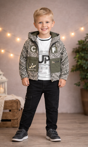 طقم صبياني ثلاث قطع جاكيت جوخ وبنطال كارجو 3515 - زيتي