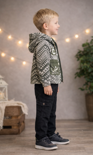 طقم صبياني ثلاث قطع جاكيت جوخ وبنطال كارجو 3515 - زيتي