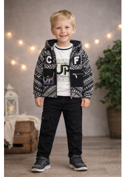 طقم صبياني ثلاث قطع جاكيت جوخ وبنطال كارجو 3515 - اسود